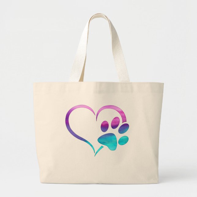 Bolsa Tote Grande Purple Cyan Dog paw Print Heart  (Frente)