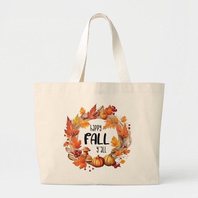 Bolsa Tote Grande Queda Feliz - Pumpkin e Autumn Leaves Wreath (Frente)