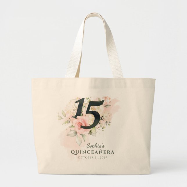 Bolsa Tote Grande Quinceanera Pink Russo Floral 15 de Aniversário (Frente)