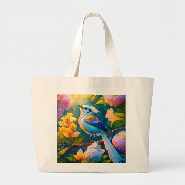 Bolsa Tote Grande Rainbow Winged Jay Fantasy Bird (Frente)