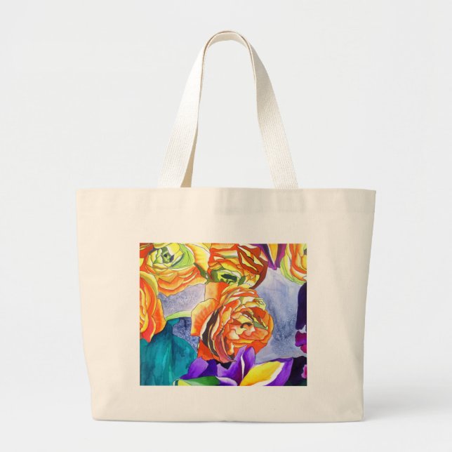 Bolsa Tote Grande Ranunculus e Iris watercolor art (Frente)