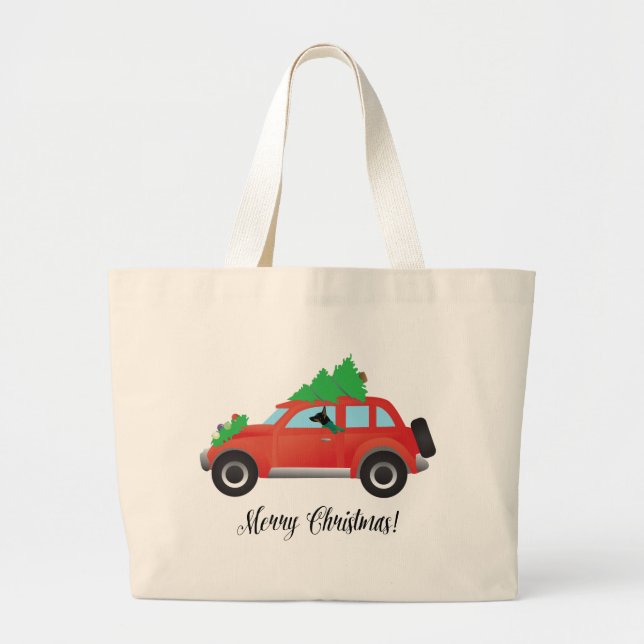 Bolsa Tote Grande Rat Terrier Dog Dirigindo um carro de Natal (Frente)