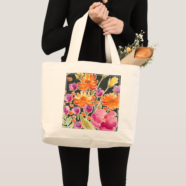 Bolsa Tote Grande Recolha esplêndida - Flores Rosa e Laranja (Frente (produto))