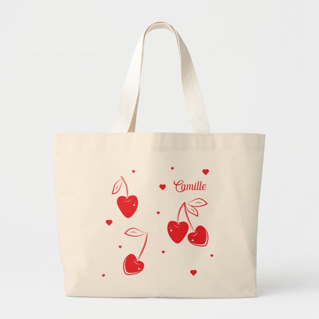 Bolsa Tote Grande Red Cherry Hearts Whimsical Cute Shome (Frente)