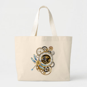 Bolsa Tote Grande Relógio Steampunk com Dragonfly Mecânica