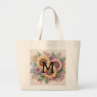Bolsa Tote Grande Renda monograma floral rosa amarelo laranja girass