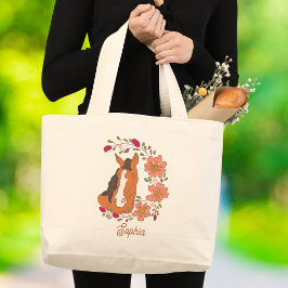 Bolsa Tote Grande Retrato de Cavalo com Grinalda Floral Brilhante
