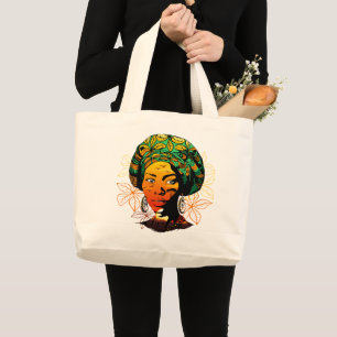 Bolsa Tote Grande Retrato de Mulher Africana com Sunset