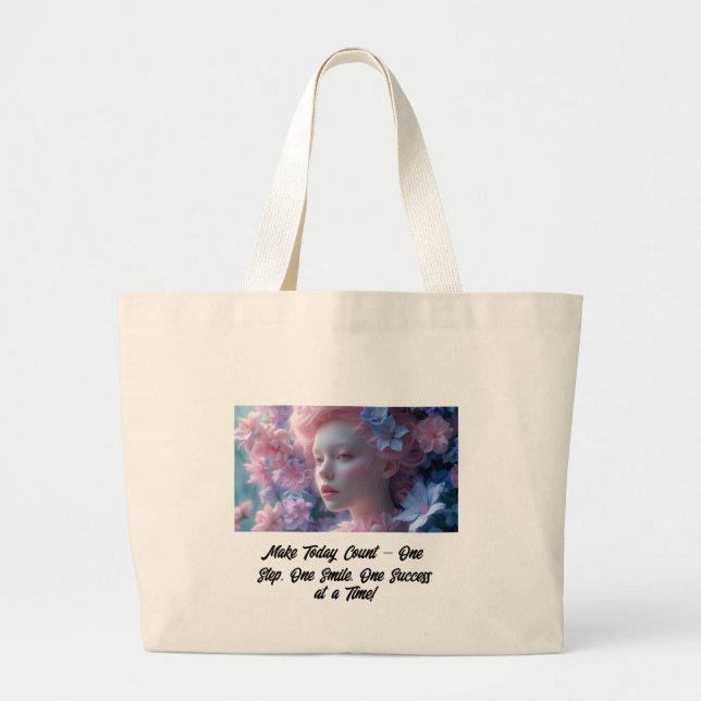 Bolsa Tote Grande Retrato feminino vibrante com fundo floral (Frente)