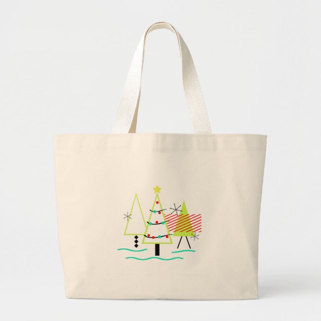 Bolsa Tote Grande Retrô das árvores modernas de natal do meio século (Frente)