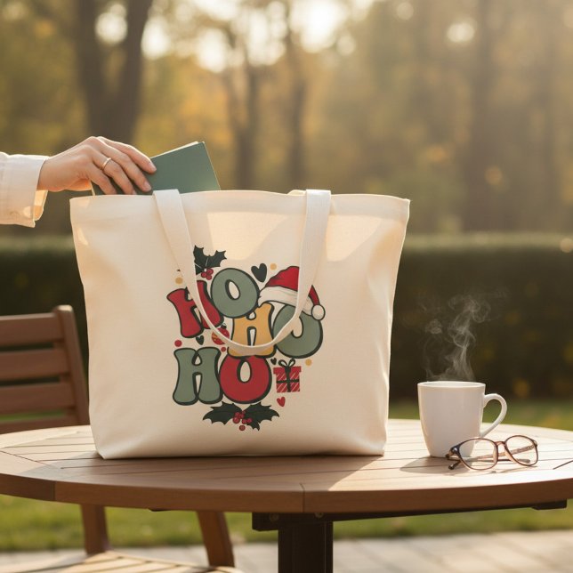 Bolsa Tote Grande Retro Ho Ho Ho Natal Holly Santa Hat (Criador carregado)