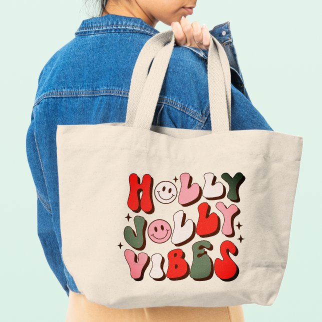 Bolsa Tote Grande Retro Natal Holly Jolly Vibes Feriados de Trendy (Criador carregado)