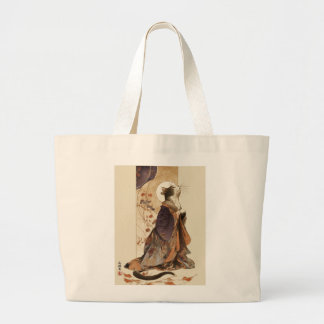 Bolsa Tote Grande "Reverie de Outono" Gato Japonês em Quimono Arte