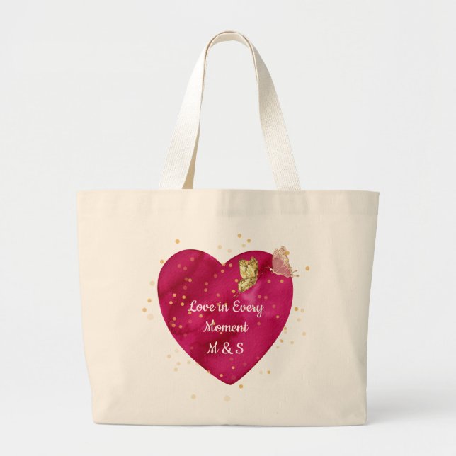 Bolsa Tote Grande Romantic Heart & Golden Butterfly Valentine  (Frente)