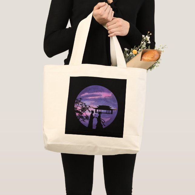Bolsa Tote Grande Romantic Moonlight Silhouette Asian Love Story art (Frente (produto))
