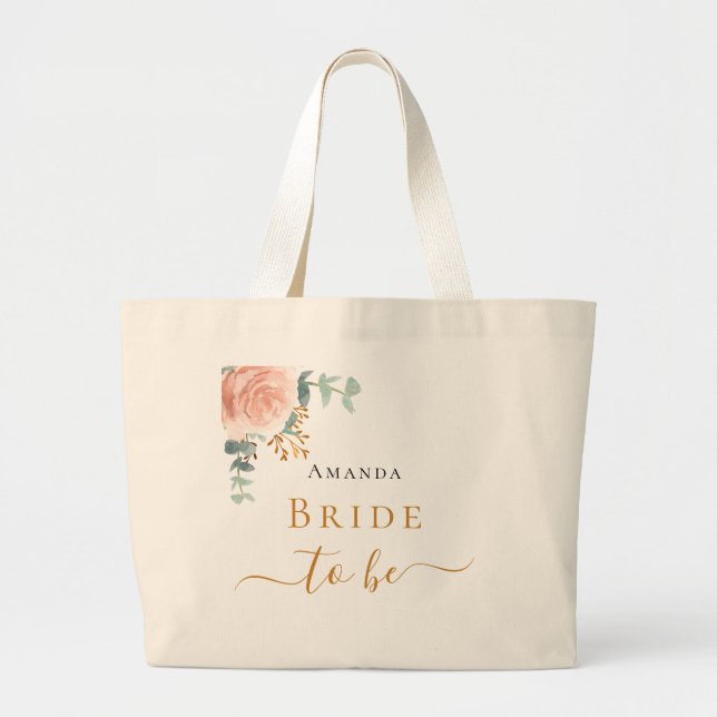 Bolsa Tote Grande Rosa de ouro floral eucalipto verde Noiva (Frente)