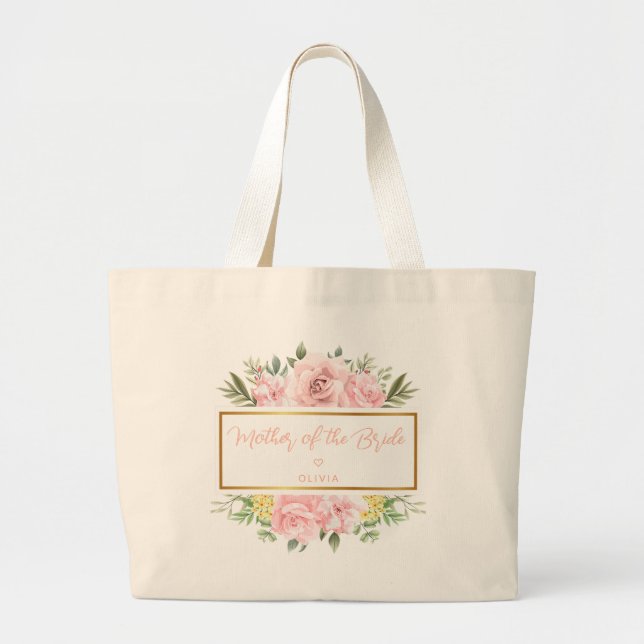 Bolsa Tote Grande Rosa Floral Personalizada Mãe da Noiva (Frente)