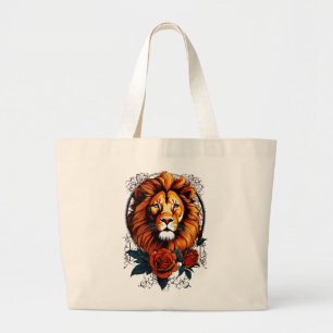 Bolsa Tote Grande Rosa majestosa e leoa: Tatuagem Inspirada no Reali