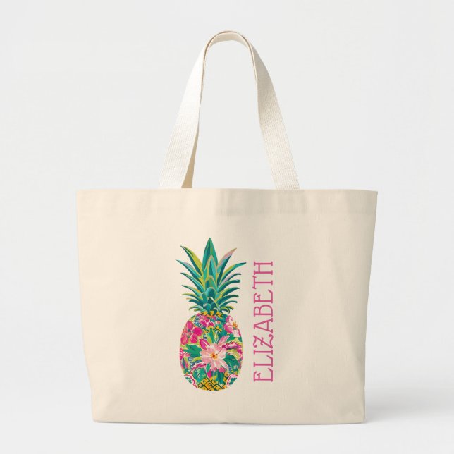 Bolsa Tote Grande Rosa Tropical e Abacaxi Floral Verde (Frente)