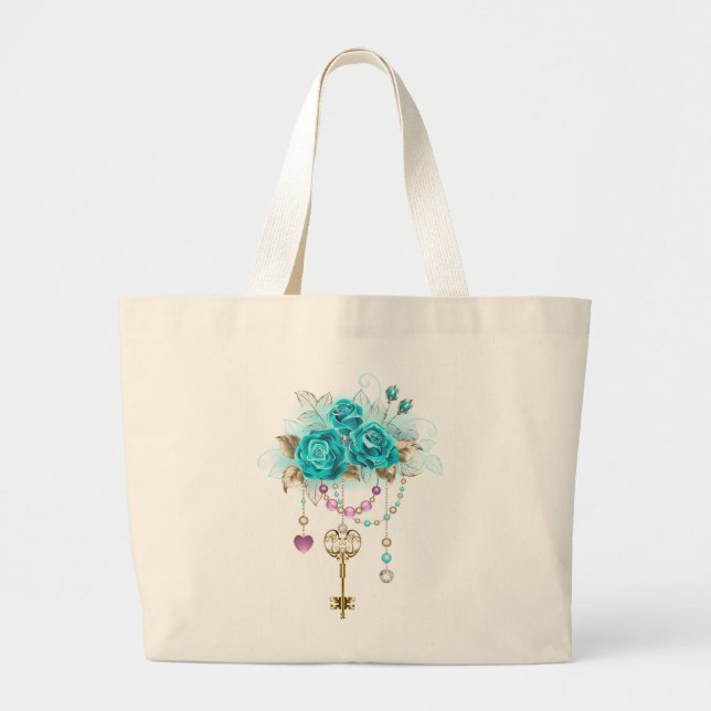 Bolsa Tote Grande Rosas Turquesas com Chaves (Frente)