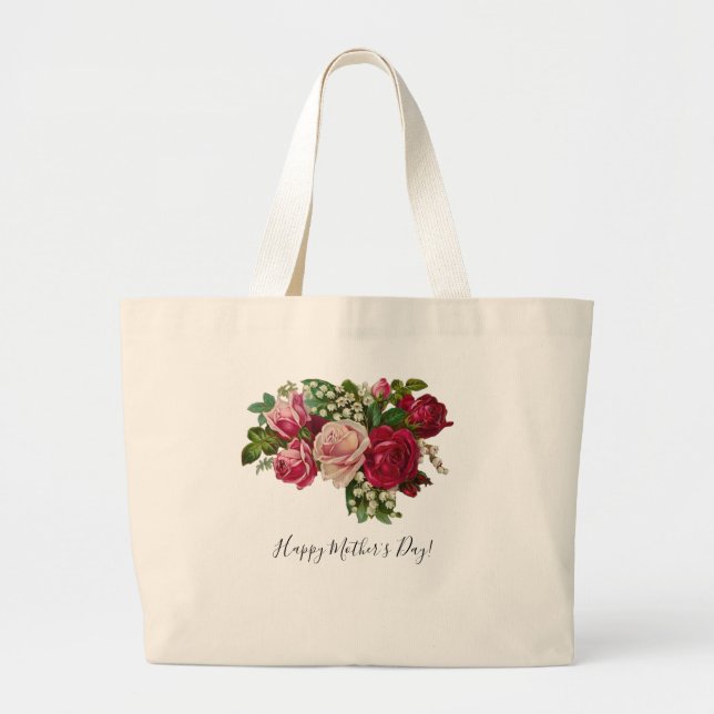Bolsa Tote Grande Rosas vitorianas clássicas Lily do Vale Romance (Frente)