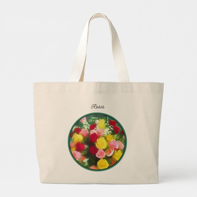 Bolsa Tote Grande Rose Bouquet de Rosas pintando arte floral origina (Verso)