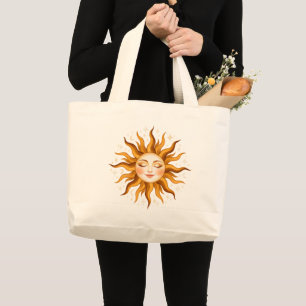 Bolsa Tote Grande Rosto de Sol Celestial Arte Boho Vintage