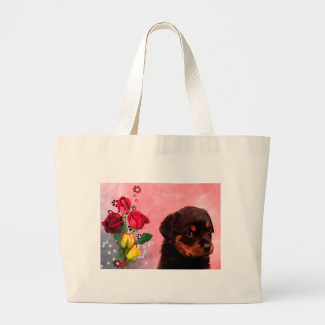 Bolsa Tote Grande Rottweiler Puppy com flores vermelhas e amarelas (Frente)