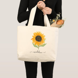 Bolsa Tote Grande Rótulo de Nome Personalizado Girassol Rústico