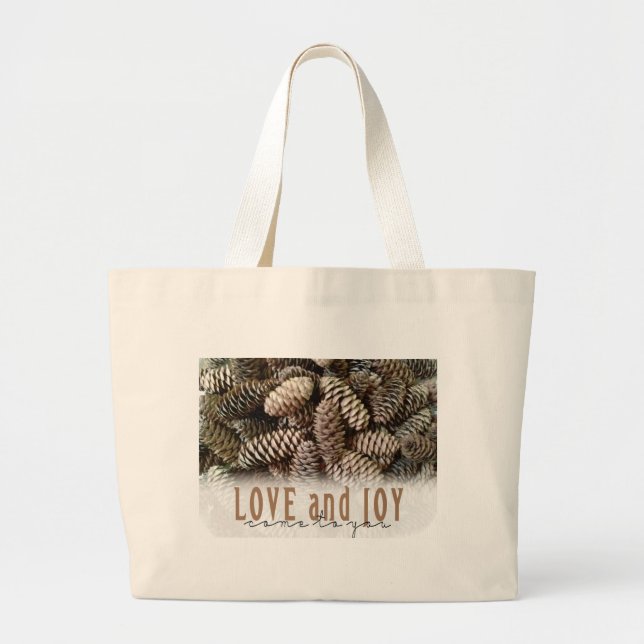 Bolsa Tote Grande Rustic Holiday Love and Joy Pine Cone (Frente)