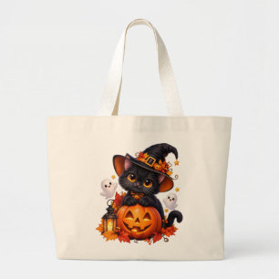 Bolsa Tote Grande Saca de mão de gato preto fofo de Halloween