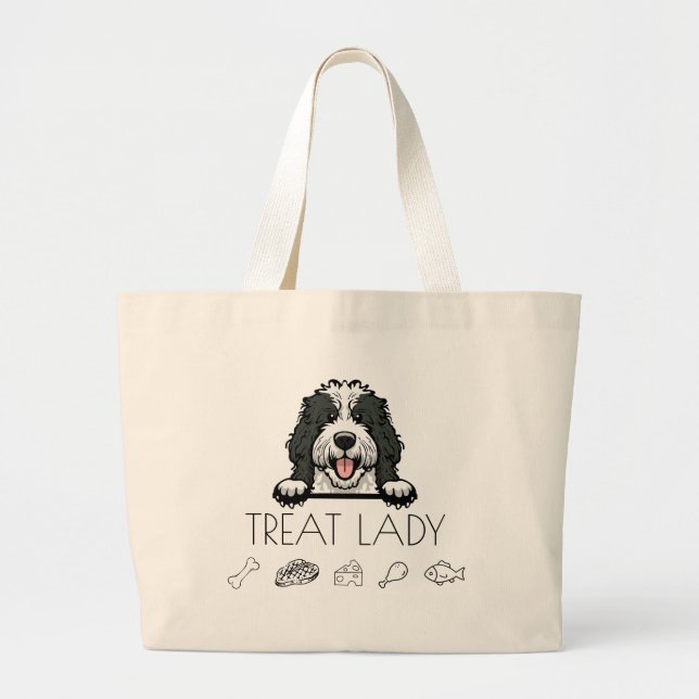 Bolsa Tote Grande Saca de Totem Dama de Petiscos Sheepadoodle (Frente)