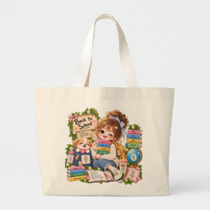 Bolsa Tote Grande Saca Jumbo Fofa de Volta à Escola Menina e Cachorr