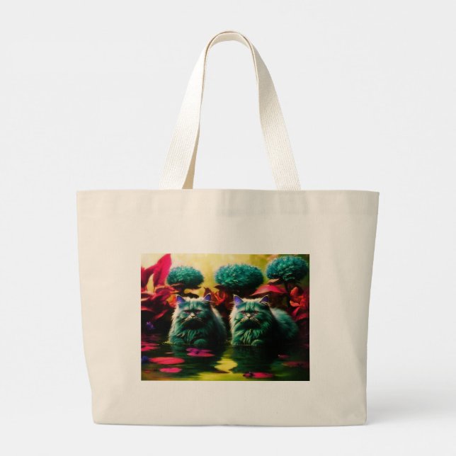 Bolsa Tote Grande Saco de Compras com Ilustração de Gato (Verso)