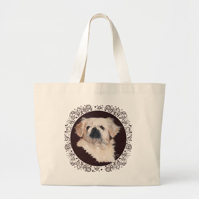 Bolsa Tote Grande Saco de mão com cachorro pequinês branco (Frente)