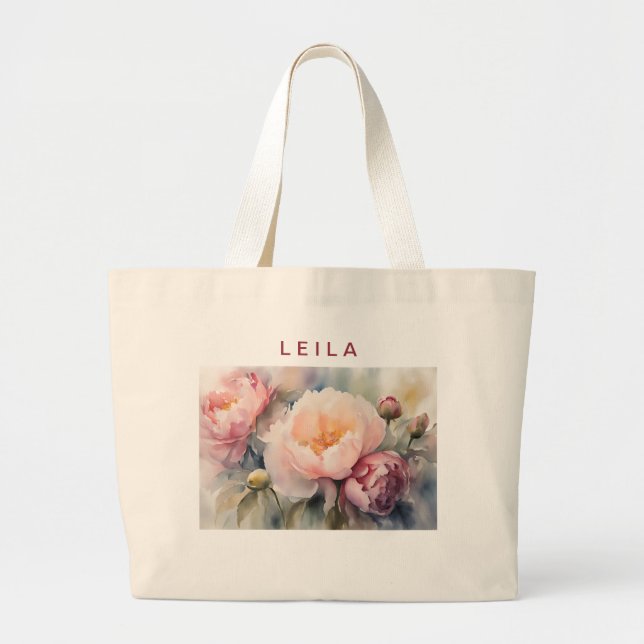 Bolsa Tote Grande Saco de mão com flores para casamento em aquarela  (Frente)