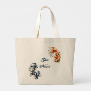 Bolsa Tote Grande Saco de mão personalizado com carpas azuis e laran