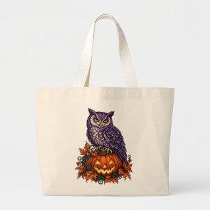 Bolsa Tote Grande Saco de mão vintage de Halloween com coruja e abób