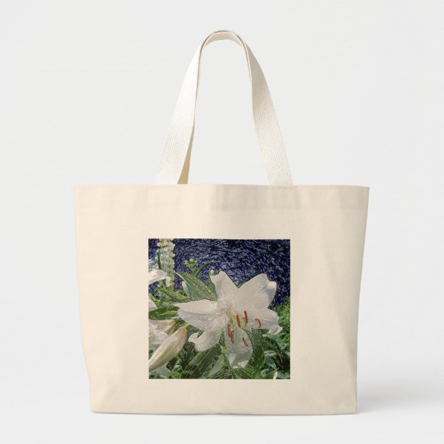 Bolsa Tote Grande Saco de Toques Floral Branco Lily (Frente)