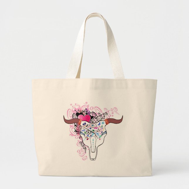 Bolsa Tote Grande Saco Funky do tatuagem do crânio do boi (Frente)
