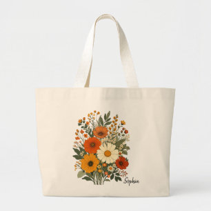 Bolsa Tote Grande Saco Tote Estético de Flor Silvestre Retro com Nom