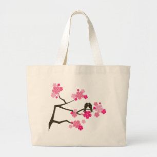 Bolsa Tote Grande Sacola cor-de-rosa dos pássaros do amor das flore