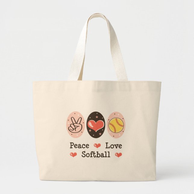 Bolsa Tote Grande Sacola do softball do amor da paz (Frente)