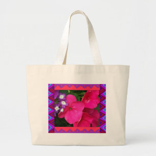 Bolsa Tote Grande Sacola:: Impatiens cor-de-rosa com beira artística