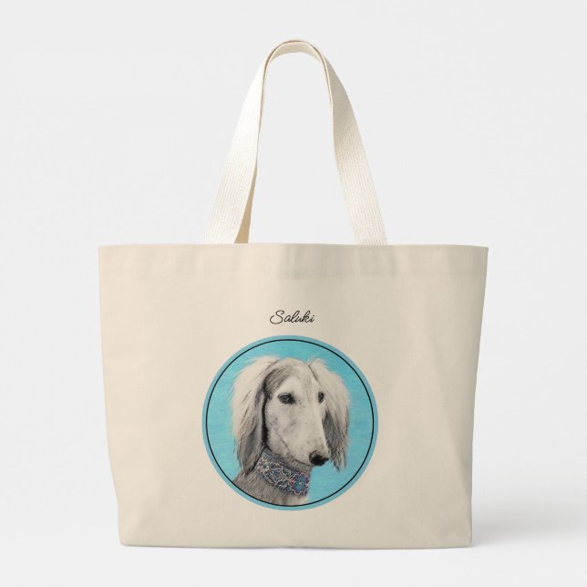 Bolsa Tote Grande Saluki Painting Silver Feathering Original Dog Art (Verso)