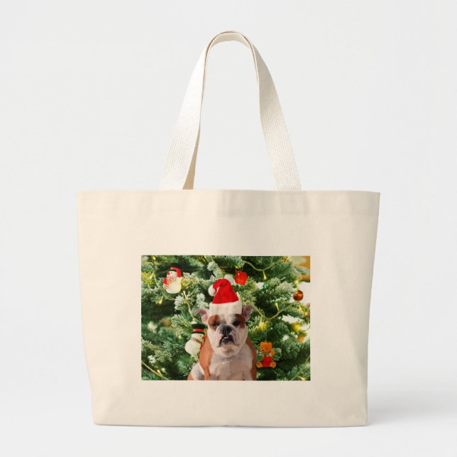 Bolsa Tote Grande Santa Hat Bulldog Árvore de Natal Snowman Caixa de (Frente)