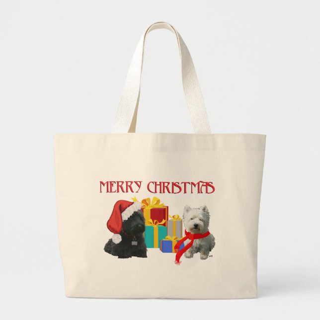 Bolsa Tote Grande Scottie e Westie Feliz Natal (Frente)