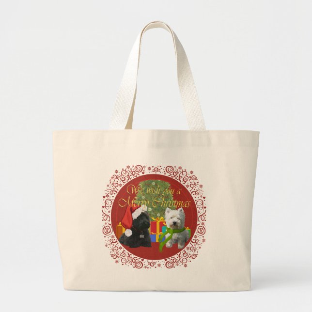 Bolsa Tote Grande Scottie e Westie Feliz Natal (Frente)