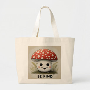 Bolsa Tote Grande Seja gentil Cogumelo vermelho sorridente com atitu