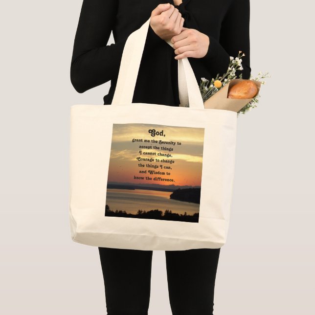 Bolsa Tote Grande Serenity Prayer Orange Seascape Foto Sunset (Frente (produto))